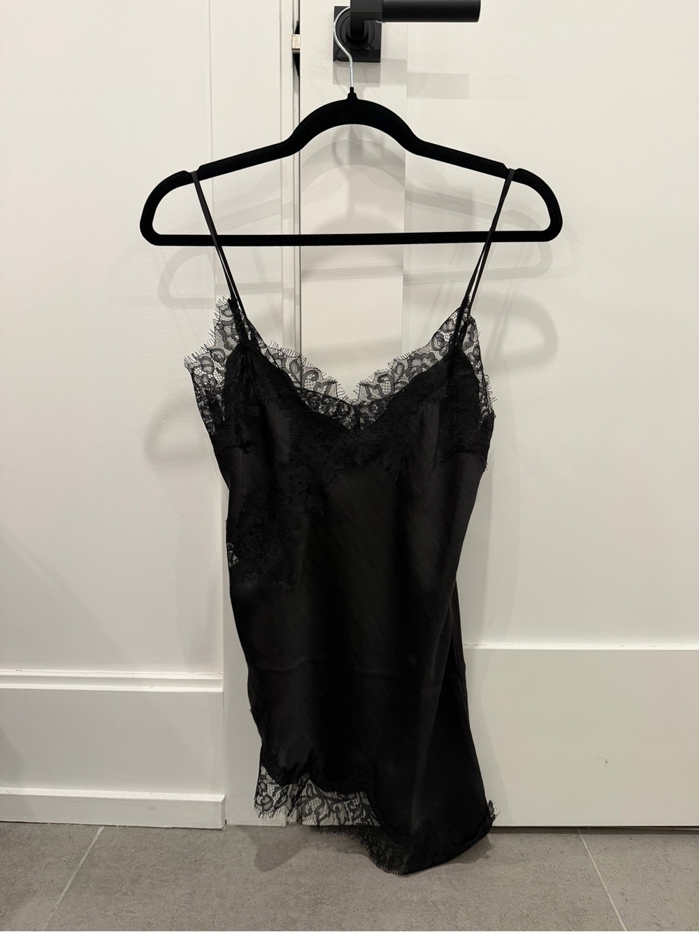 Black Satin - Lace Trim Cami Tank